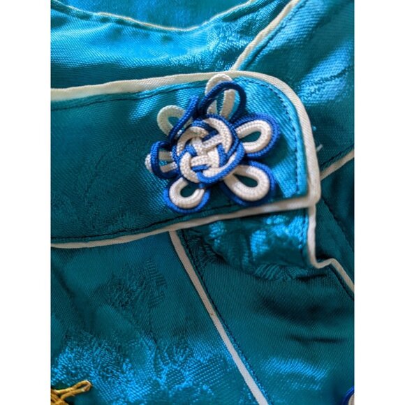 Vintage Traditional Chinese Pajama Set Laungewear Satin Turquoise Embroidery L - Picture 8 of 10